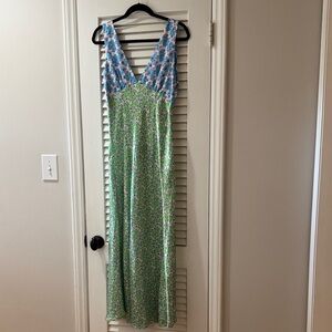 Sleeveless Floral Maxi Dress in Light Green and Sky Blue